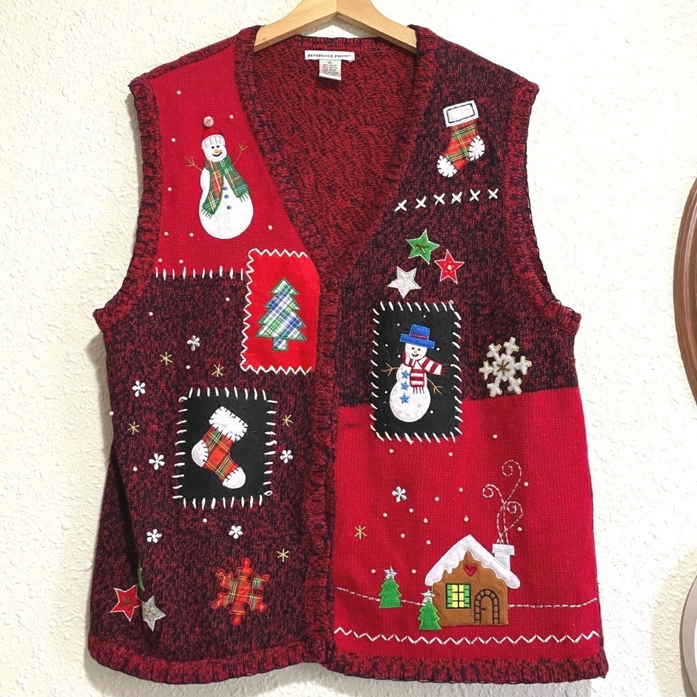 Vintage Reference Point Womens Vest XL Red Christmas Snowman Gingerbread House